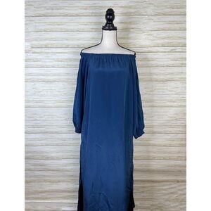 Foundrae Blue Silk Off shoulder Peasant Maxi Dress
